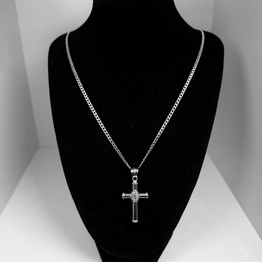 Sterling Silver San Benito Cross Pendant Necklace 24 Inch 3mm Curb Chain 925